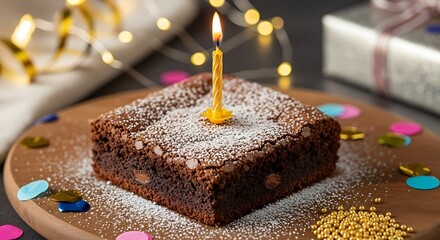 Celebratory chocolate brownie with single candle
