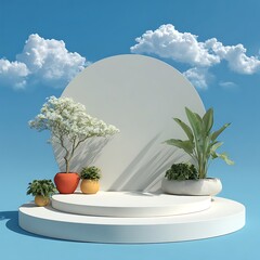 Outdoor Display Platform with Potted Plants and Circular Backdrop stage podium