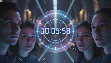 Focused Young Adults Gaze at a Futuristic Digital Countdown Timer, Symbolizing Imminent Events and Critical Deadlines