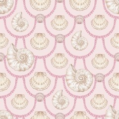 Seashell Seamless Pattern, Feminine Design, Elegant Scallop Shell Ocean Repeat, Nautical Digital Pattern