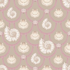 Seashell Seamless Pattern, Feminine Design, Elegant Scallop Shell Ocean Repeat, Nautical Digital Pattern