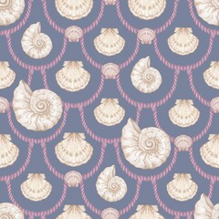 Seashell Seamless Pattern, Feminine Design, Elegant Scallop Shell Ocean Repeat, Nautical Digital Pattern