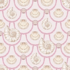 Seashell Seamless Pattern, Feminine Design, Elegant Scallop Shell Ocean Repeat, Nautical Digital Pattern