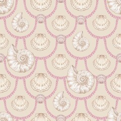 Seashell Seamless Pattern, Feminine Design, Elegant Scallop Shell Ocean Repeat, Nautical Digital Pattern