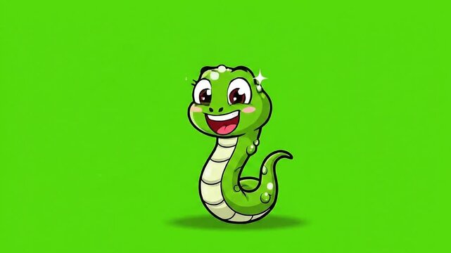 Animated Green Pixel Snake Character Joyfully Jumping with Playful Expression Isolated on a Vibrant Green Screen Background