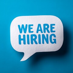 White Speech Bubble with Blue Text WEAREHIRING on Blue Background message