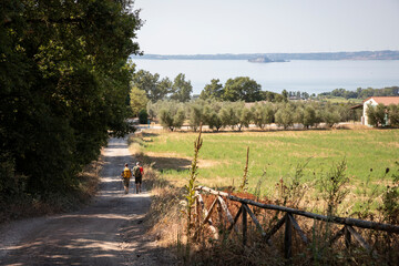 people walking the Via Francigena with a view to Bolsena lake between San Lorenzo Nuovo and Bolsena, province of Viterbo, Lazio, Italy
