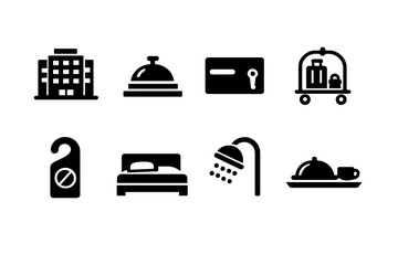 Essential hotel and hospitality services symbols for room, reception, luggage, and amenities