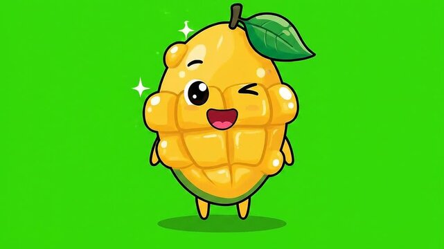 Cute Cartoon Mango Character Dancing Joyfully Isolated on Vibrant Green Screen Background