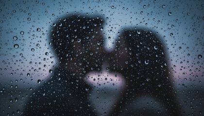 Rain-Kissed Romance: Blurred Couple Shares an Intimate Moment Behind a Wet Window on a Moody Day, Evoking Love and Connection.