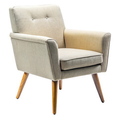 Modern beige armchair with wooden legs on white background
