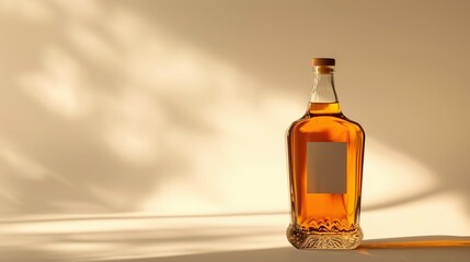 National Bootlegger's Day: Minimalist composition of single vintage whiskey bottle with blank label on clean white surface, dramatic side lighting creating sharp shadow