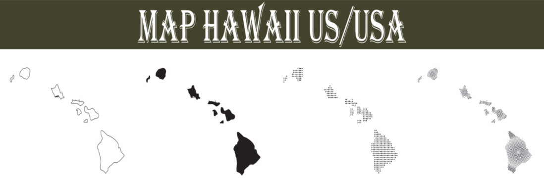 Four Hawaii island maps in black and white outline solid dot and halftone styles