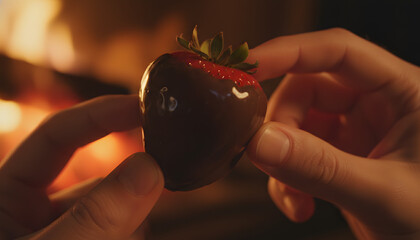 Delicious Chocolate Covered Strawberry Held by Hands in Front of a Warm Glowing Fireplace