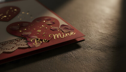 Elegant Handcrafted Valentine's Day Card with Gold Foil Be Mine Text and Red Heart Accents on a Stone Surface