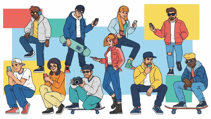 Diverse group of young people using smartphones and skateboards.