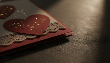 Elegant Handmade Valentines Card with Red Hearts and Lace Trim on Textured Stone Surface