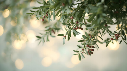Mistletoe adorned with delicate berries and soft, lush leaves is suspended from above, creating a serene festive background with gentle green and cream tones, as soft bokeh lights dance around it