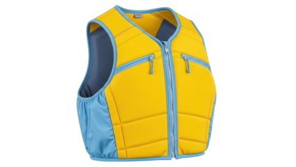 Isolated yellow-blue vest for water sports or lifeguard, garment with zip front, safety design