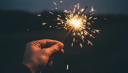 Hand Holding a Burning Sparkler at Dusk, Symbolizing Celebration, Hope, and a Spark of Joy During a Festive Night
