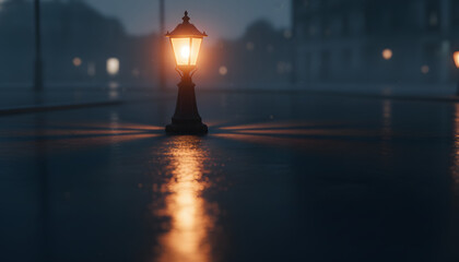 Vintage Street Lamp Glowing on a Wet Urban Pavement at Dusk, Capturing a Moody and Nostalgic Evening Atmosphere
