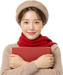 Smiling Young Korean Woman in Winter Outfit Hugging a Red Gift Box