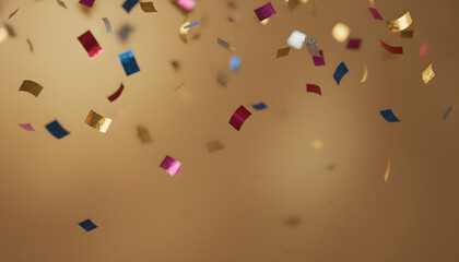 Festive Multi-Colored Confetti Falling Against a Warm Golden Background, Ideal for Celebrations, New Year's Eve, and Special Events
