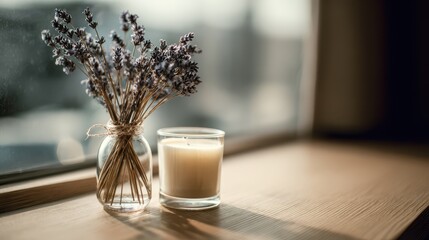 Calm neutral-toned vignette with dried lavender, a clear glass candle, and a simple vase on a light wood table