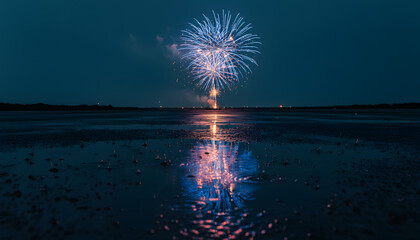 Dazzling Blue Fireworks Burst Over Calm Beach with Vibrant Reflection on Wet Sand at Night