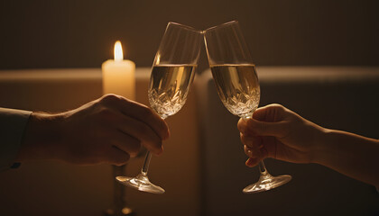 Romantic Candlelit Dinner Toast with Sparkling Champagne Flutes in Warm Intimate Setting