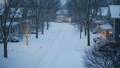 Quiet Snowy Neighborhood at Twilight with Glowing House Lights and Winter Trees