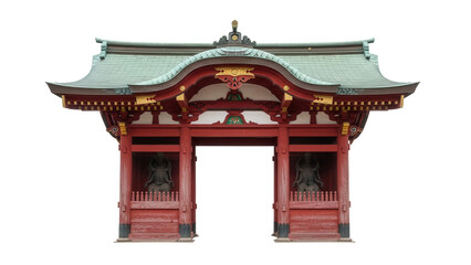 Fototapeta premium Isolated ornate Japanese torii gate, temple entrance with weathered roof, red and gold accents