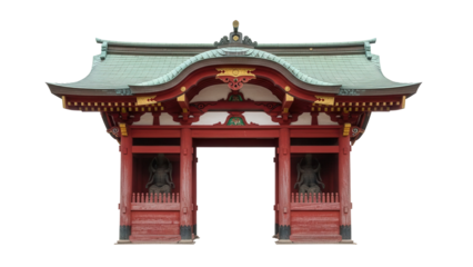 Isolated ornate Japanese torii gate, temple entrance with weathered roof, red and gold accents