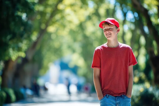 Casual youth portrait of a teen boy in an outdoor setting with a backward red cap