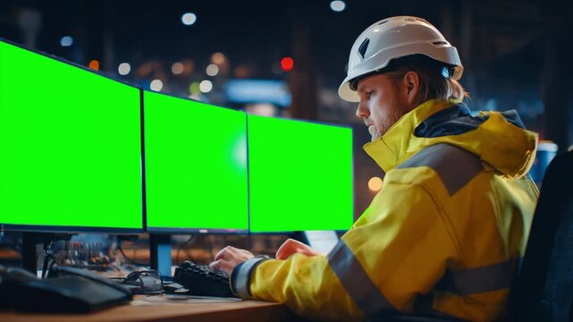 Engineer working on desktop computer with green screen background. Chromakey Man Working In Power Plant Electricity Generation. Construction worker or operators