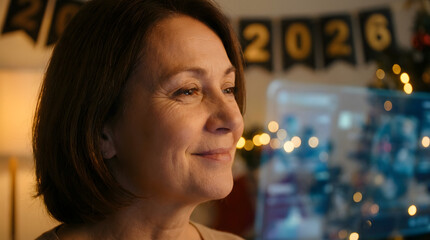 Smiling Mature Woman Reflecting on a New Year with 2026 Decorations in the Background