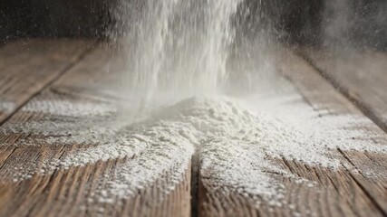 Extremely high speed slow motion close up of fine white baking flour gently falling and scattering across a deep brown textured vintage wooden surface patisserie, process, flour cloud