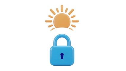 Isolated sunny day protection concept illustration, blue padlock under golden sun rays symbol