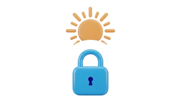 Isolated sunny day protection concept illustration, blue padlock under golden sun rays symbol - Powered by Adobe