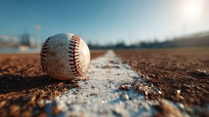 Close-up of a single baseball on a white chalk line with dusty infield and sunlit backdrop