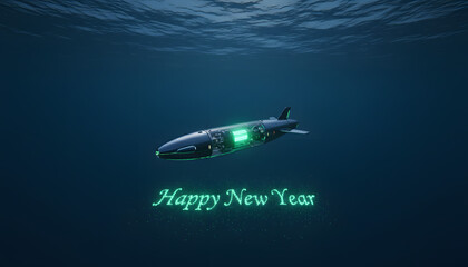 Futuristic Submarine in Deep Ocean with Glowing Happy New Year Text Celebration Background