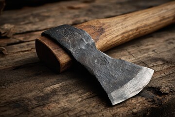 Close-up of a traditional fire axe on weathered wood with dramatic warm lighting