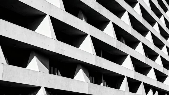 Medium shot of a geometric building exterior showcasing bold shapes sharp angles and repetitive patterns for a dynamic structural look.