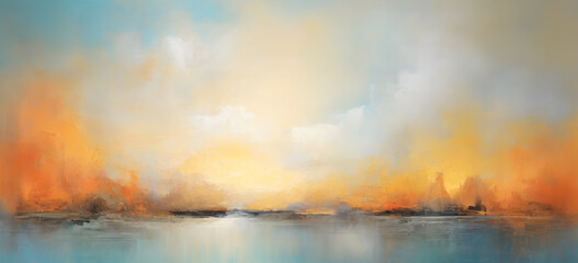 A dramatic nature landscape features a sunset over the lake and forest where fiery light reflects like fire in the water under a stormy sky and orange cloudsA dramatic nature landscape features a suns