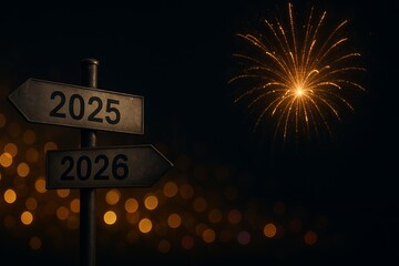 Dark new year concept with 2025 and 2026 road sign and fireworks