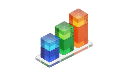 Isolated colorful transparent bar graph composed of translucent cubes indicating growth