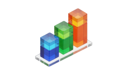 Isolated colorful transparent bar graph composed of translucent cubes indicating growth