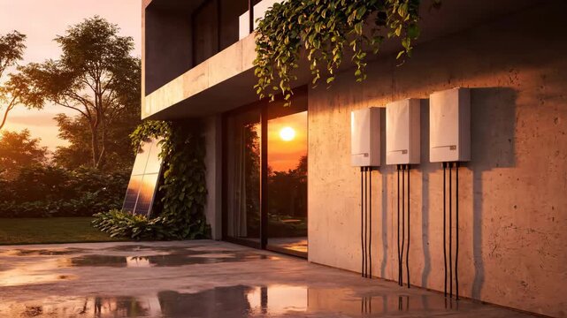 Modern building exterior with three white boxes mounted on the wall. The concrete pavement in the foreground is wet. Under a golden sunset and greenery in the background.