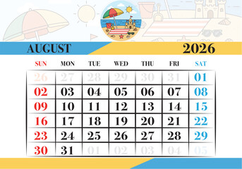 August 2026 Monthly Calendar with Beach Illustration and Summer Vacation Theme