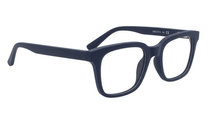 Isolated eyeglasses with square frames in navy blue for vision correction and fashion